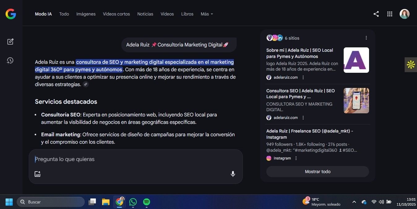 AI Overviews vs AI Mode: diferencias y estrategias 4 AI Mode activado 11/10/2025 España - Aquí preguntando quién soy yo...Buen resumen Modo IA